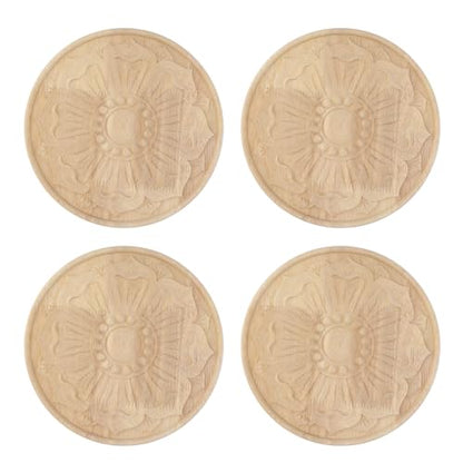 Antrader 4Pcs Round Unpainted Wood Carved Appliques,Vintage Onlay Ornaments - style: Style 14