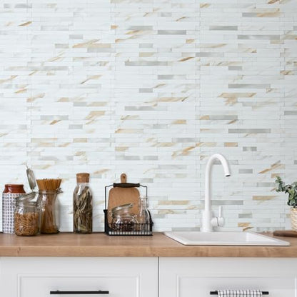 AULIGET 20 Sheets Calacatta Gold Peel and Stick Backsplash, PVC Mixed Metal Silver Wall Tile Stick on Backsplash for Kitchen and Bathroom - color: Calacatta Gold + Metal Silver, size: 20 Sheets, 6"x12"x0.12"