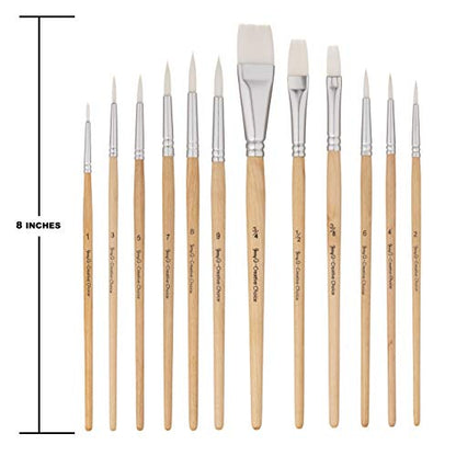 Jerry Q Art 12 PC White Synthetic Hair Round and Flat Paint Brush Set with Short Wood Handle for Acrylic, Watercolor and All Media JQ17931