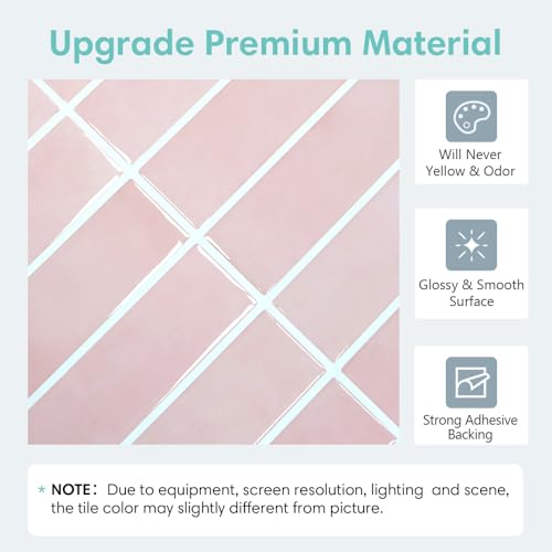 Commomy Pink Peel and Stick Tile - 10 Pcs of 12" x 12" - color: Pink & Glossy Surface
