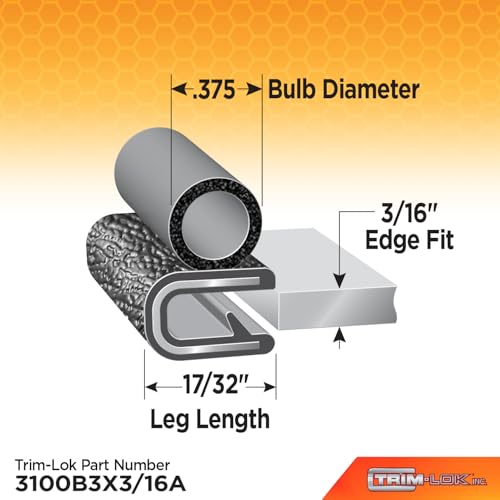 TRIM-LOK Trim Seal, Edge Trim with Side Bulb, Fits 0.375-Inch Bulb, 3/16-Inch Edge, 25-Foot Length, Black Pebble Finish, Flexible PVC Plastic Trim with EPDM Rubber Weather Stripping - style: 0.375" Bulb, 3/16" Edge, 17/32" Leg, 25 Feet
