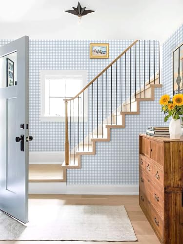 Peel and Stick Wallpaper for Bedroom Blue and White Plaid 196"×17.3" - color: Blue and White, size: 17.3" x 196"