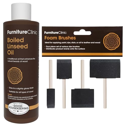 Furniture Clinic Boiled Linseed Oil + 4 Pack Foam Brushes | 8.5oz/250ml Refined Oil for Wood Furniture, Stone & Metal | Fast Drying Glossy Finish | Restore & Protect | Tables, Cabinets, Handles