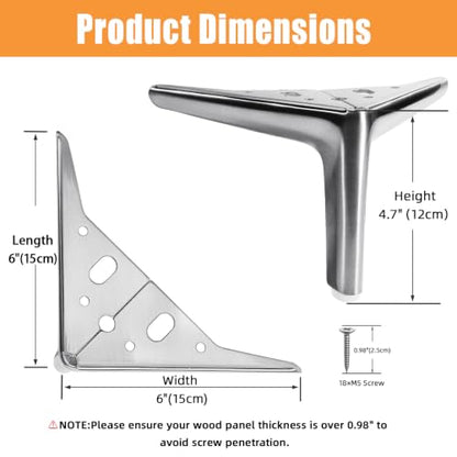 VEHCIL Furniture Legs for Couch Sofa Cabinet TV Stand & Dresser, Heavy Duty 1600 LBS, Mid Century Modern 4-Pack Triangular Solid Metal Feet, Low Profile 4.7”H x 6”W with Screws & Non-Slip Rubber Pads - color: Brushed Satin Nickel, size: 4.7inch