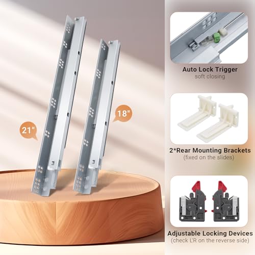 Probrico 1 Pair 21 Inch Undermount Drawer Slides, Full Extension Concealed Drawer Runners Soft Close Bottom Mount Drawer Slides with Rear Mounting Brackets Locking Devices - size: 21 Inch