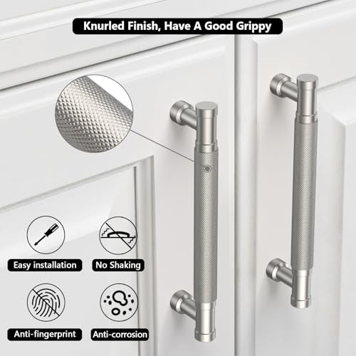 Brushed Nickel Knurled Cabinet Handles Kitchen Pulls 3 Inch 10 Pack - color: Brushed Satin Nickel, size: 3" Hole Center