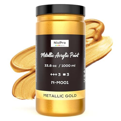 Nicpro Acrylic Paint Metallic Gold, 33.8oz/1000ml Large Gold Leaf Paint - color: Gold, size: 33.8 Fl Oz (Pack of 1)