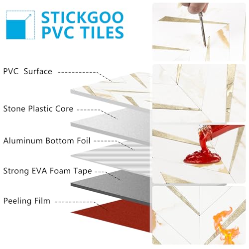 STICKGOO Herringbone Tile Peel and Stick Backsplash for Kitchen&Bathroom - color: Calacatta Marble Mixed Light Gold