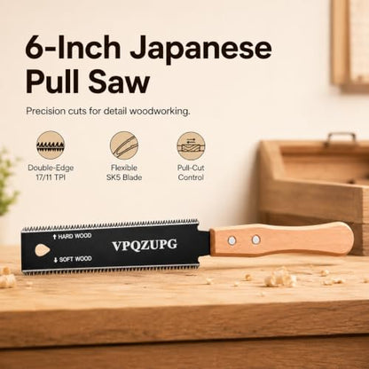 Japanese Hand Saw, 6-Inch Ryoba Pull Saw, 17/11 TPI SK5 Blade, Black