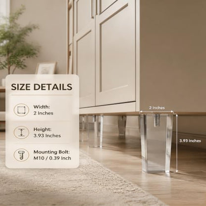 Clear Acrylic Couch Legs, 4 Inch Height, 2 Inch Width, 4Pcs - size: H 4 Inch