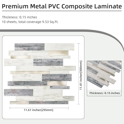 Yew & Tulip Peel and Stick Backsplash Wall Tile, 10-Sheet Metal PVC Mosaic Tiles for Kitchen Backsplash, Beige Wood Grain PVC Mixed Metal Self Adhesive Mosaic Tile (10 PCS/Box, Beige Strip) - color: Beige Strip