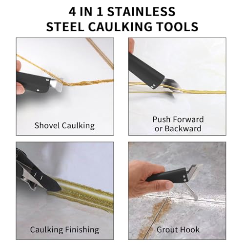Professional Caulking Tool, 4 in 1 Silicone Caulk Remover Tool Kit, Stainless Steel Sealant Finishing Smoothing Removal Grout Scraper Tools for Home, Kitchen, Bathroom, Window, Floor, Tile