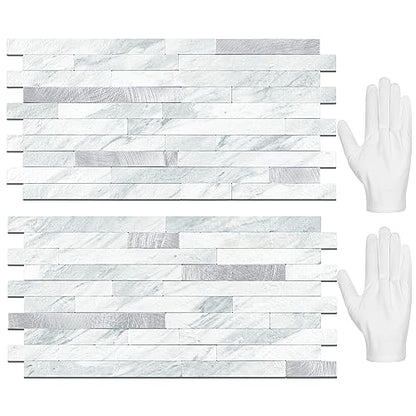 STICKGOO Peel and Stick Backsplash Tile, Volakas White with Silver Metal - color: Volakas White + Metal Silver