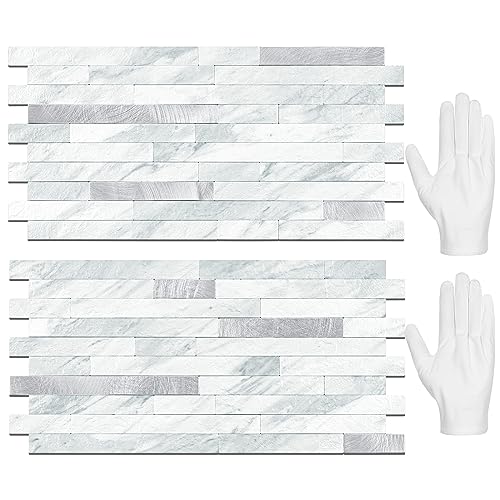 STICKGOO Peel and Stick Backsplash Tile, Volakas White with Silver Metal - color: Volakas White + Metal Silver