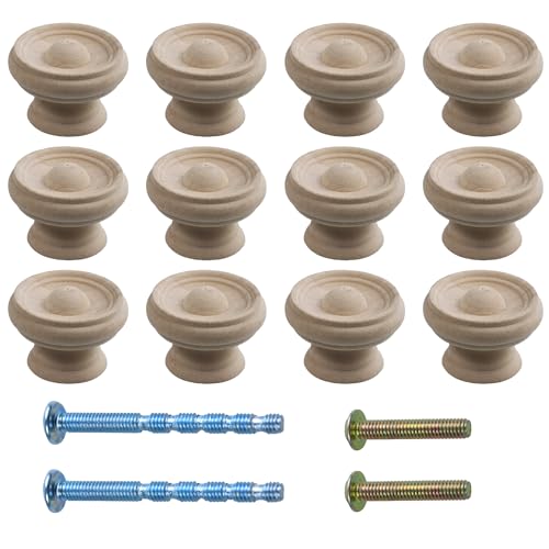 12Pcs 1.5" Round Wooden Drawer Knobs, Unfinished Mushroom Shape Cabinet Pulls Handles, Natural Wood Dresser Knobs for Kitchen Cupboard Furniture Wardrobe - color: Wood