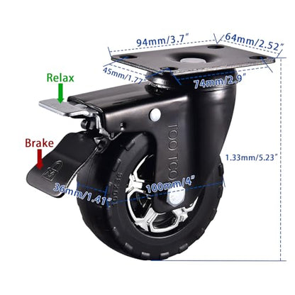 Heavy Duty 4 Inch Caster Wheels Set of 4 2200Lbs Capacity Silent Swivel with brake & Rigid TPR Rubber Wheels Locking Industrial Plate Casters for Cart Furniture Workbench 2 Fixed & 2 Swivel with Brake