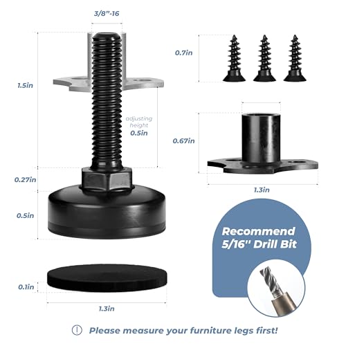 HUASAI 3/8”-16 Thread Furniture Leveling Feet, 4 Pack Adjustable Furniture Levelers Kit with T-Nuts, Heavy Duty Screw-On Feet, 330 LBs per Foot, for Chairs, Cabinets, Uneven Floors