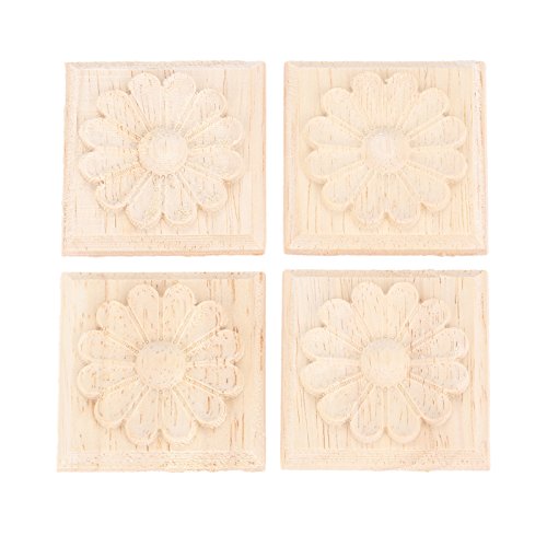 4Pcs Wood Carved Appliques Onlays, Square Carving Decals for Furniture - size: 2.36 x 2.36 inches