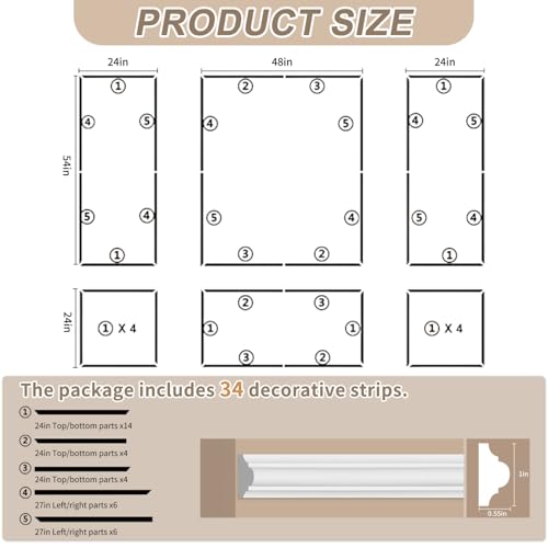 JBER Peel and Stick Wall Molding Kit, 6 Pre-Cut Wainscoting Panels - color: White-3 Pack-A, size: 78 x 24 in+78 x 48 in