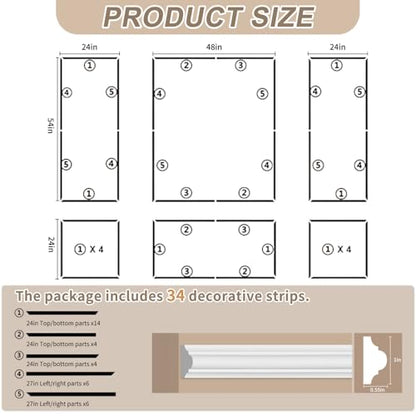 JBER Peel and Stick Wall Molding Kit, 6 Pre-Cut Wainscoting Panels - color: White-3 Pack-A, size: 78 x 24 in+78 x 48 in