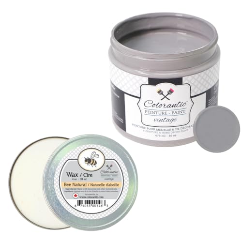 Colorantic-Bundle Dark Grey Chalk Paint (Tractor Dust,16 Oz) and Clear Wax (4 Oz)