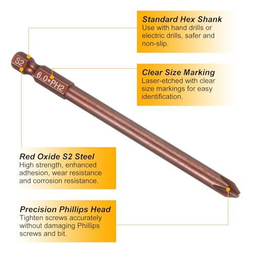 HARFINGTON 5pcs #2 Phillips Screwdriver Bit PH2 1/4" Hex Shank 4" (100mm) Long 0.24" Rod Magnetic Cross Head Drive Drill Bits S2 Steel Industrial Screw Driver Electric Power Tool, Brown - size: PH2 x 4" x 0.24"
