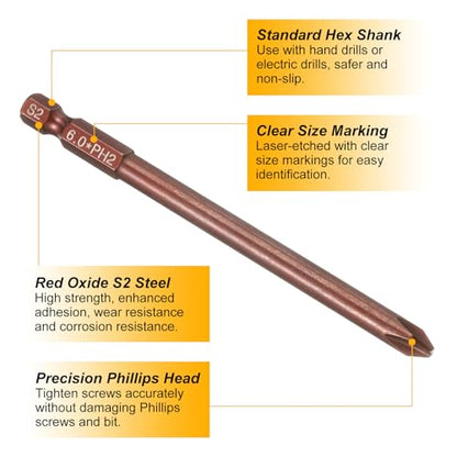 HARFINGTON 5pcs #2 Phillips Screwdriver Bit PH2 1/4" Hex Shank 4" (100mm) Long 0.24" Rod Magnetic Cross Head Drive Drill Bits S2 Steel Industrial Screw Driver Electric Power Tool, Brown - size: PH2 x 4" x 0.24"