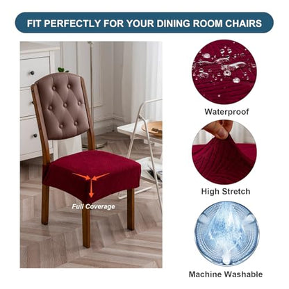 Waterproof Stretch Chair Seat Covers, Set of 6 Wine Red - color: Wine Red, size: 16-20in-Rear-covered