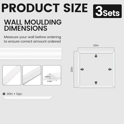3 Sets Peel and Stick Wall Molding Kit, 20x20 Inch Premade Wainscoting Frames - color: 20''x20''-3pack
