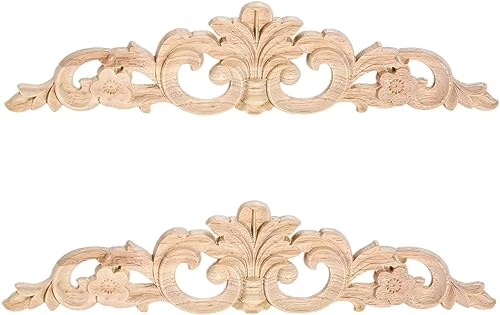 Wood Carved Appliques Decorative Onlays, 2Pcs Long Wooden Corner Carving Decals for Bed Wall Door Cabinet Mirror Closet Cupboard Dresser Fireplace Stairs Furniture Project, 20x5.5cm/7.87x2.17in