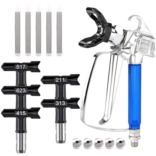 Yoption 12pcs Airless Spray Gun Kit, Airless Paint Sprayer Gun with Nozzle Guard 5 Spray Tips and 5 Airless Paint Spray Gun Filter for Airless Spraying Machine Paint Accessories (211,313,415,517,623)