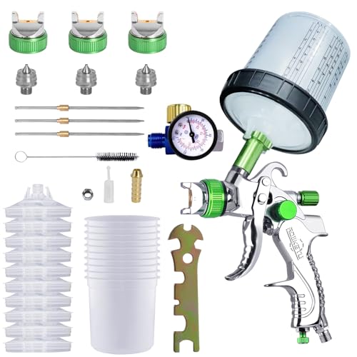 HVLP Paint Gun with 10 Disposable 600ML Paint Cups & 3 Nozzles - color: Green