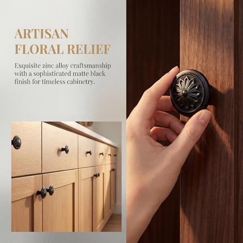 DWYL & LWYD 10 Pack Black Cabinet Knobs,Heavy Duty Zinc Alloy Flower Pattern,1-2/5"Dia Round Matte Black Kitchen Cabinet Knobs Handles for Cabinets and Drawers Drawer Pulls - color: Black