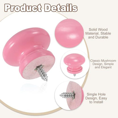 uxcell 8Pcs Round Wood Drawer Knob, 1.26" x 0.98" Self-Tapping Solid Wood Handle Round Cabinet Knob Mushroom Shape Wooden Knobs for Furniture Dresser Wardrobe, Pink - color: Pink, size: 1.26" x 0.98"