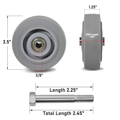 3.5 Inch Thermoplastic Rubber Caster Wheels (Set of 4) – Heavy Duty, Precision Bearing, Non-Marking, 250 lbs Load Capacity Each, Floor Protective, Ideal for Industrial Carts and Equipment - size: 3.5"×1.25"