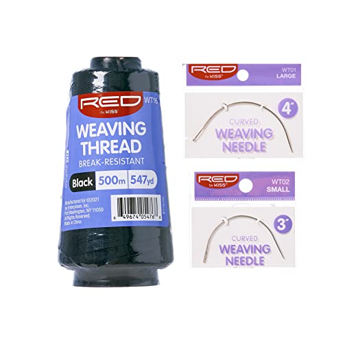Red by Kiss Hair Weaving Thread Black 547yard and Curved Weaving Needles Set Hair Extension Kit