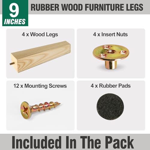 FoDau770 Square Furniture Legs 9 Inch, Ash Wood Legs with 5/16"-18 Bolts - size: 9 Inch