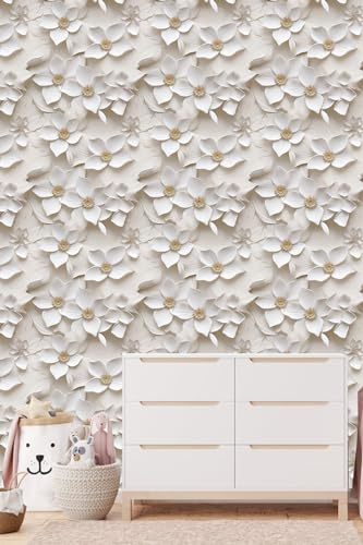 Peel and Stick Wallpaper Cream White Floral Accent - color: Cream&yellow, size: 17.7" x 118"