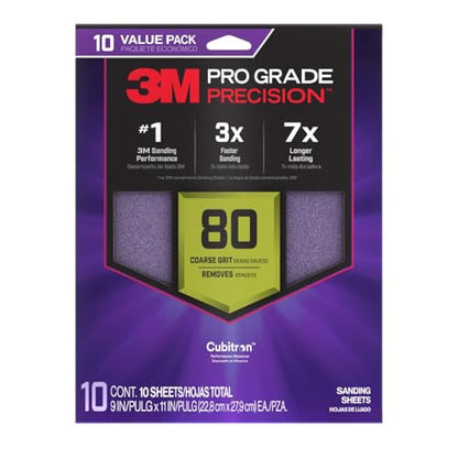 3M Pro Grade Precision Sanding Sheets with No-Slip Grip, 9 x 11 in, 80 Grit, 10-Pack (SHR80-PGP-10T) - style: 80 Grit, 10 Sheets, 9" x 11"