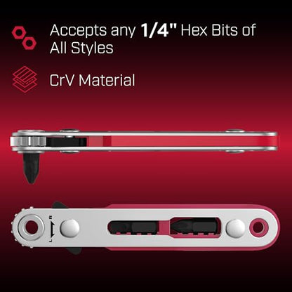 Bates Mini Ratchet Wrench, 1/4" Magnetic 90 Degree Screwdriver, Low Profile Right Angle Screwdriver for Tight Spaces - color: Red, size: 1 pcs