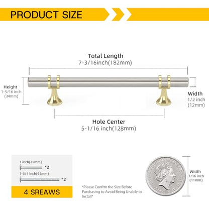 Rergy 10 Pack 5 Inch Hole Center Brushed Nickel and Gold Cabinet Pulls - color: Brushed Nickel&Gold, size: 5-1/16in Hole Center(128mm)
