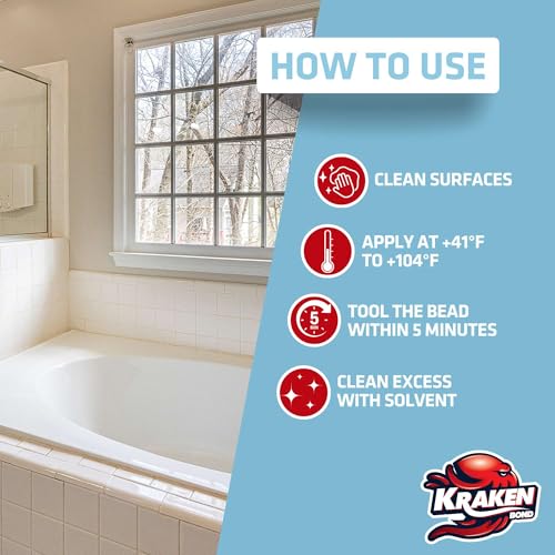 Kraken Bond Premium RTV Silicone Sealant Clear, 1x10.1 fl.oz. 100% Waterproof Silicone Caulk for Kitchen, Bathroom, Shower, Sink, Tub, Window & Door - size: 1 Pack