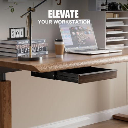 Under Desk Drawer, Solid Walnut Wood Panel – Sturdy Ball Bearing Slides, Easy Under-Desk Mount, Integrated Handle, Desktop Organizer for Office & Home Workstation - color: Walnut