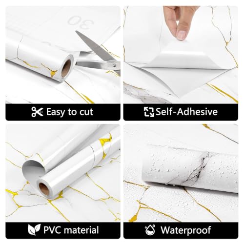 White Gold Marble Contact Paper 23.6"X236.2" Peel and Stick Wallpaper - color: White Gold, size: 23.6" x 236"