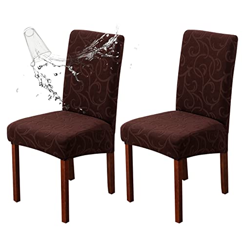 Waterproof Dining Room Chair Covers, Stretch Parsons Chair Slipcovers - color: Flower Pattern-chocolate, size: Regular-2 Pack