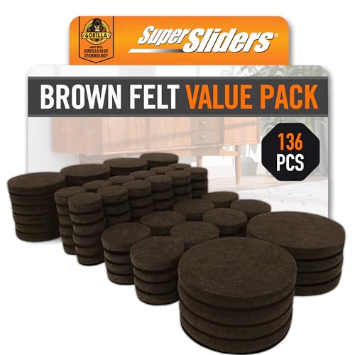 Super Sliders Gorilla Glue Assorted Felt Furniture Sliders for Hard Surfaces, Noise-Reducing Adhesive Furniture Moving Pads with Gorilla Glue Technology (136, Brown) - color: Brown