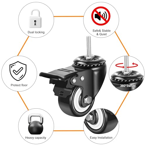 DICASAL 2" Swivel Stem Wheels, 1/4"-20x1 Imperial Threaded Stem Caster Mute No Noise Premium PU Material Wheels with Brake for Furniture and Industry Set of 4 - style: 2 Inch stem casters with imperial 1/4-20 thread