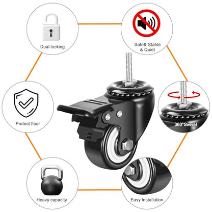DICASAL 2" Swivel Stem Wheels, 1/4"-20x1 Imperial Threaded Stem Caster Mute No Noise Premium PU Material Wheels with Brake for Furniture and Industry Set of 4 - style: 2 Inch stem casters with imperial 1/4-20 thread