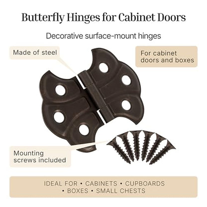 Antique Brass Butterfly Hinges - 2" x 1-7/16" - Pack of 2 - Surface Mount Hinges for Cabinet Doors and Boxes - UA-262-HAB (1) - color: Antique Brass