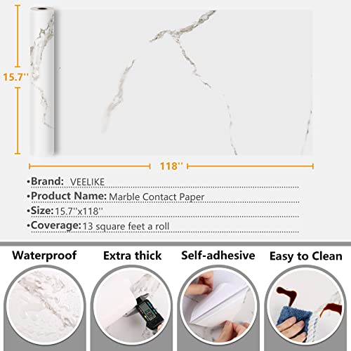 VEELIKE 15.7''x118'' White Marble Contact Paper for Countertops Waterproof Self Adhesive Matte Marble Wallpaper Peel and Stick Countertops for Kitchen Counter Top Covers for Bathroom Table Cabinets - size: 15.7" x 118"